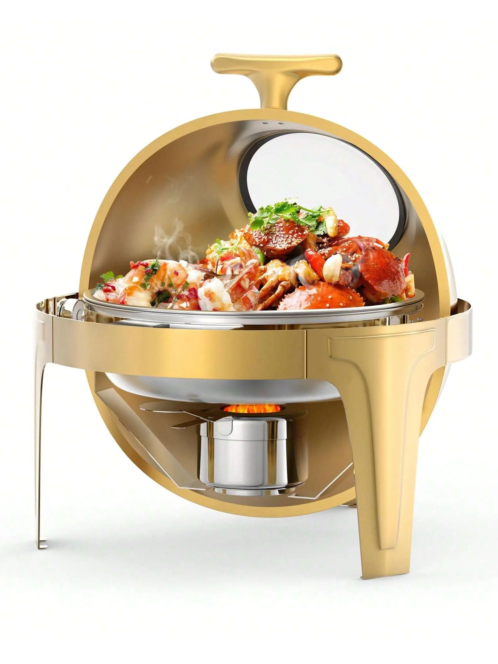 Gaomon Gold 6.3qt Large Round Commercial-Grade Stainless Steel Chafing Dish Set - 90° Roll-Top Lid with Glass Window, T-Handle Grip, Bottom Tray with Fuel Holder, Pans for Weddings, Brunch Areas