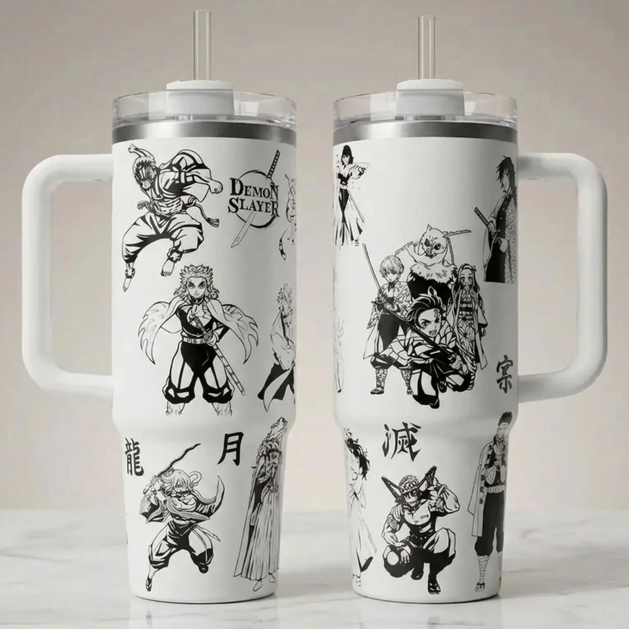 Demon Slayer Inspired 20oz/30oz/40oz Stainless Steel Tumbler with Handle – Double Wall Vacuum Insulated Travel Mug, Anime Fan Gift, Japanese Fantasy Drinkware
