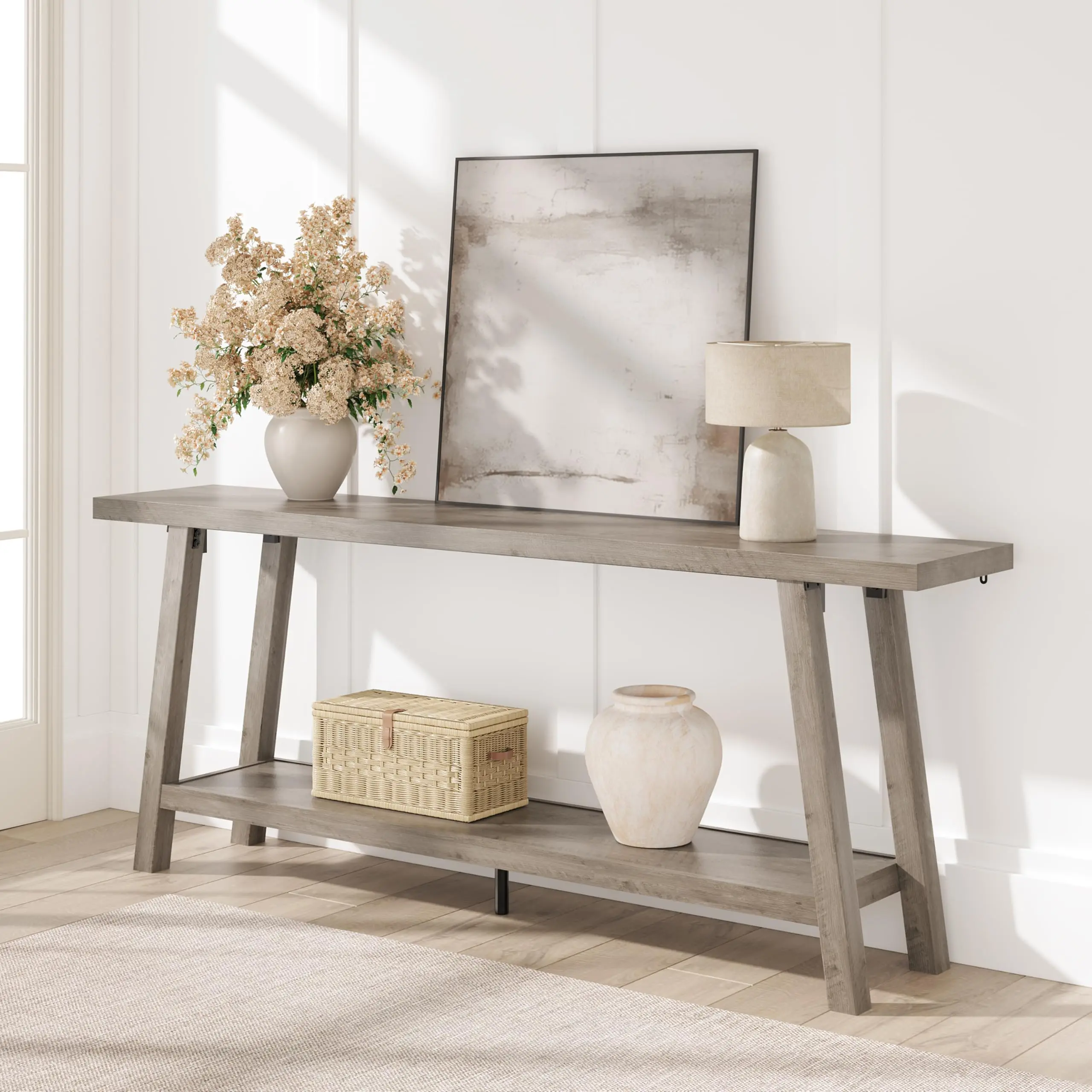 Garvee Extra Long Rectangular Engineered Wood Hallway Accent Table, 70.87"/71" Length, Modern Farmhouse Slim Heavy-Duty Narrow Indoor Furniture, for Entrance Use, Available in Grey, Rustic Brown, Black, Rustic Pear, Entrance Table, Modern Farmhouse Table