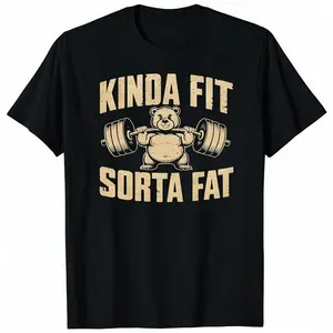Men's Classic Oversized Short-Sleeve Round Neck Cotton T-Shirt, Streetwear Casual Graphics Top for Gym Weightlifting, "Kinda Fit Sorta Fat" Funny Tee