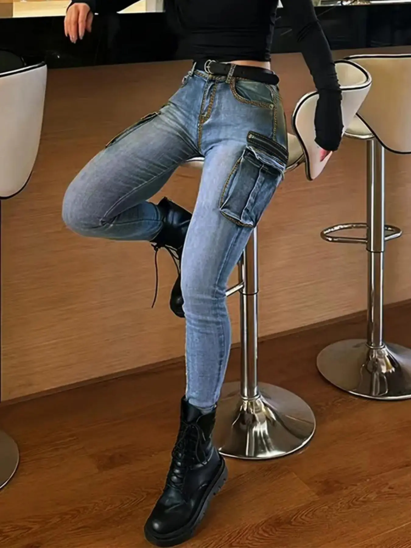 Women's Plain Flap Pocket Cargo Stretchy Faded Pocket Fashion Jeans, Cargos Jeans, Casual Streetwear Cargo Skinny Denim Pants for Daily Wear, Ladies Bottoms for All Seasons