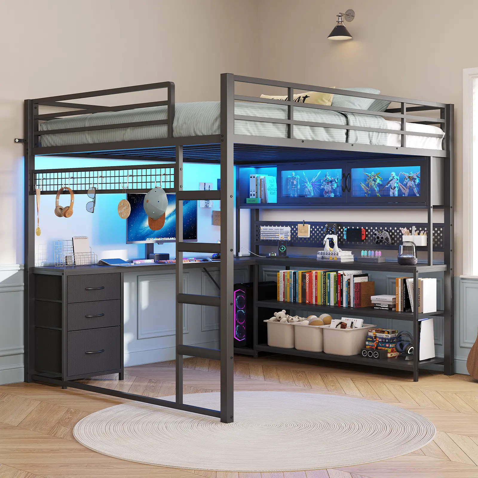 ADORNEVE Full Size Loft Bed with L-Shaped Desk, Acrylic RGB Hutch, Safety Power Outlet, Metal Structure, Storage Drawer, Shelves & Safety Guardrail – Heavy Duty Indoor Double Bed for Teens, Space-Saving, Heavy Duty Beds
