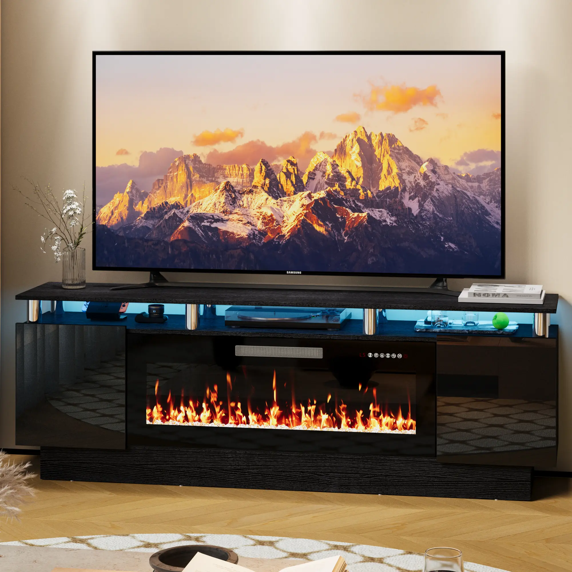 【2 Packages Shipping】PUKAMI Modern Fireplace TV Stand with 36" Electric Fireplace for TVs Up to 80 inch, Luxury LED Light Entertainment Center with High Gloss Cabinet, TV Consoles for Living Room