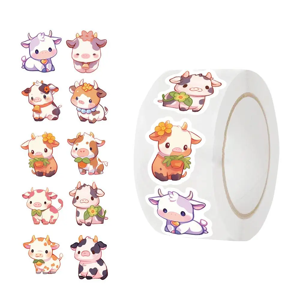 Cute Cow Pattern Sticker, Funny Stickers, Cute Animal Stickers, Adhesive Decals, 500pcs/roll Waterproof Self Adhesive Decor Paper, Decor Sticker for Gift Greeting Card Water Bottle Laptop Phone Self Adhesive Stickers