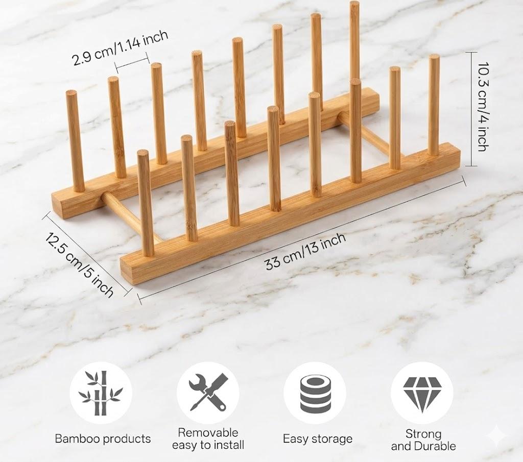 2-Pack Bamboo Wooden Dish Rack Holder Space-Saving Vertical Organizer for Plates, Cups, Pots, Lids, Bowls & Cutting Boards Kitchen Cabinet & Counter Storage