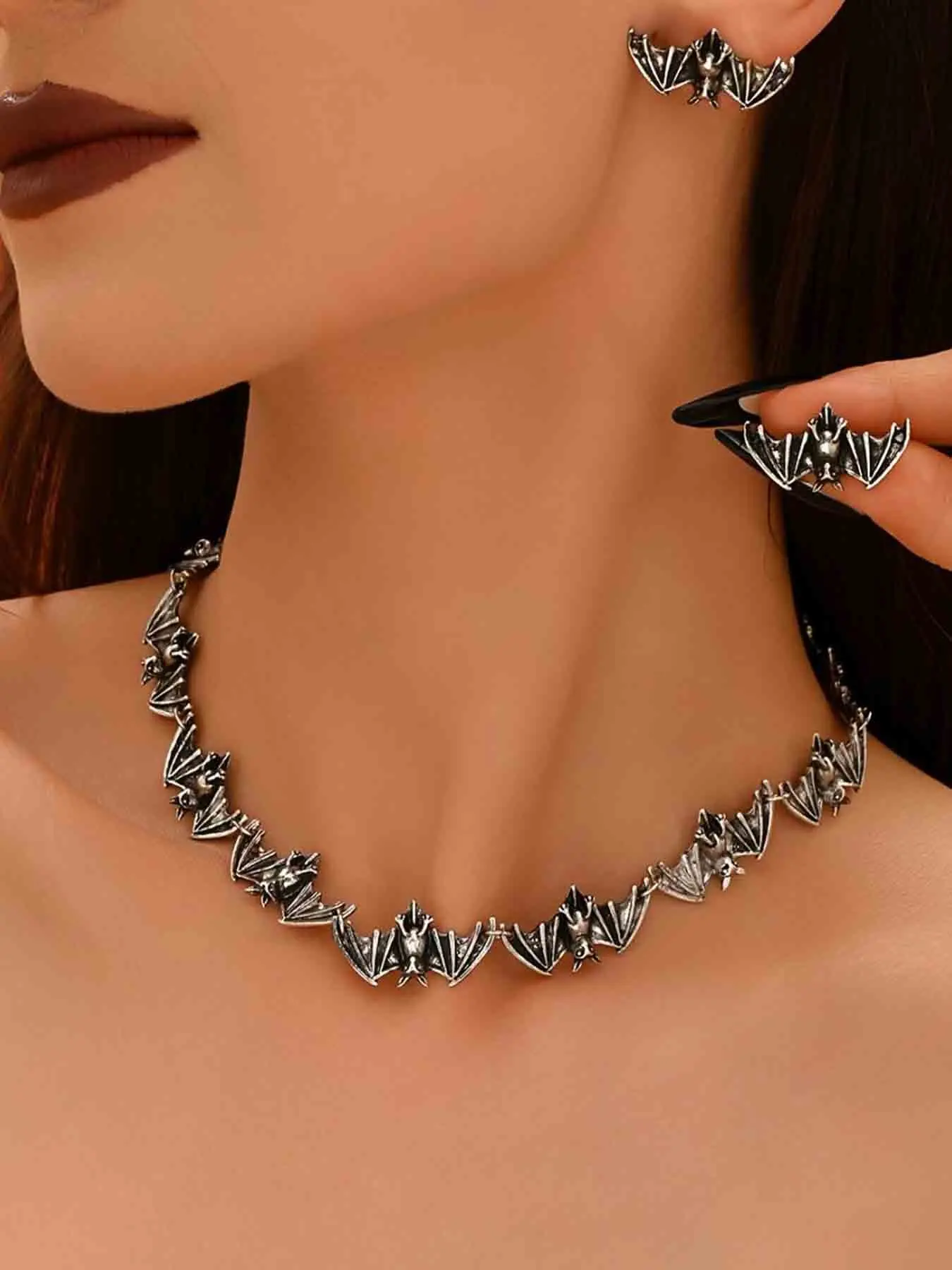Vintage Gothic Bat Animal Design Metal Necklace Earrings Set, Dark Punk Women Party Creative Jewelry, 3 Piece Unique Accessory Collection, Necklaces Earrings Set
