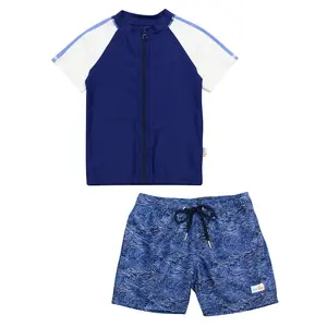 Boys Short Sleeve Zipper Rash Guard and Swim Trunk Set | "Ocean Breeze"