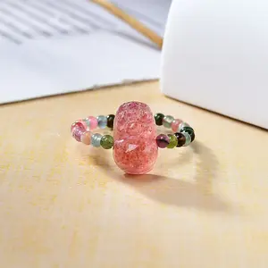 Strawberry Quartz Pixiu Ring with Tourmaline, Wealth & Love Attraction Crystal