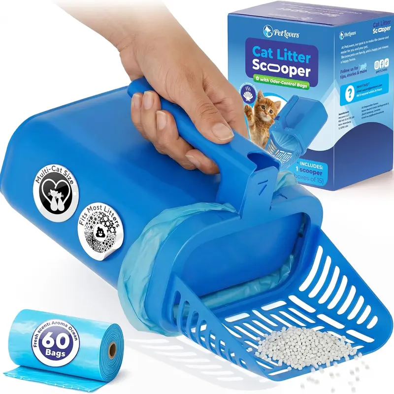 PetLovers Cat Litter Scooper with Built-in Bag, No-Touch One-Handed Kitty Litter Scoop for Open-Top Boxes 14+ Inches Wide, Hinged Clumping Poop Shovel, Seal & Toss Waste System (Bags Included)