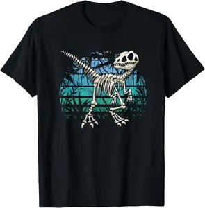 100%cotton Skeleton Raptor Velociraptor Blue Jungle Dinosaur T-Shirt