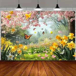 1PC,2D Flat Spring Floral Butterfly Backdrop, Festival Decoration Party Photography Background, Romantic Cherry Blossom Yellow Daffodil Flower Butterfly Themed Photo Backdrop, Children's Birthday Party