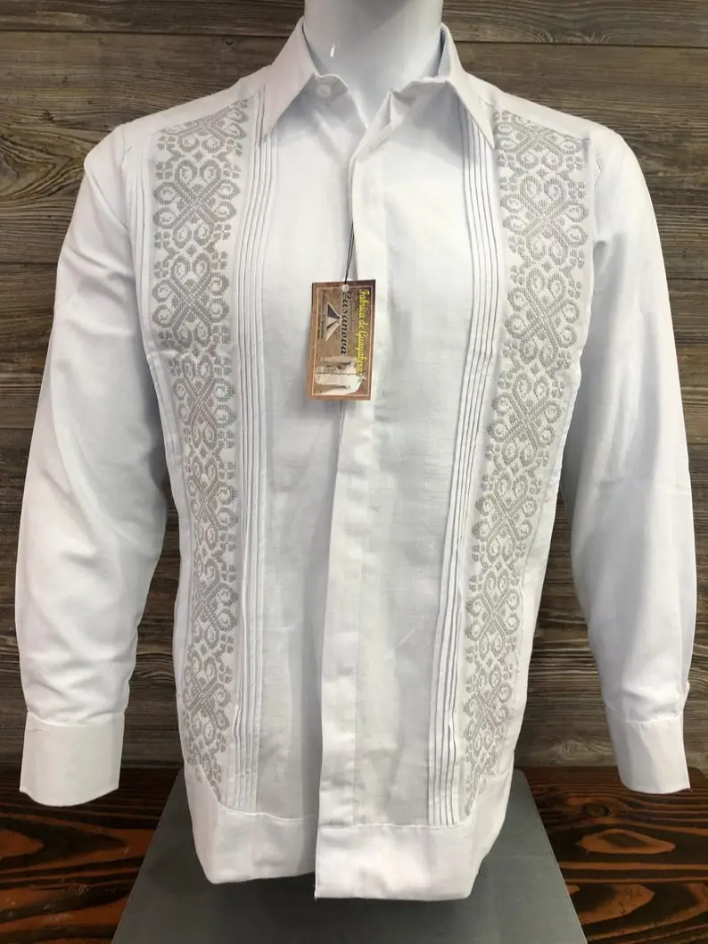 Mens Handcrafted Mexican Guayabera Wedding Shirt Long Sleeve Silver Embroidery