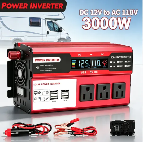 3000W Peak Power Inverter DC 12V to AC 110V Fast Charging Power Converter with LCD Digital Display & Wireless Remote Control, 3 US Outlets 4 USB Ports for Vehicle RV Boating Camping Home Emergency Power Outage