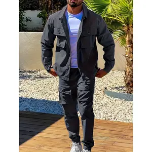 [Casual Two-Piece Regular Fit] 1set Men'S Casual Two-Piece Set - Solid Color Polyester Work Jacket and Sweatpants with Multi-Pocket Design, Regular Fit, Spring/Autumn Collection fall outfit