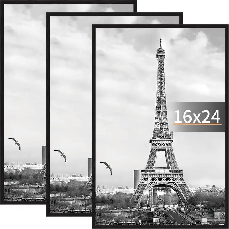 16x24 Black Picture Frames 3 Pack, Gallery Wall Decor Frames for Photos, Posters, Artwork & Certificates, Scratch Resistant Poster Frames, Easy Slide-In Design, Horizontal or Vertical Wall Mounting Installation