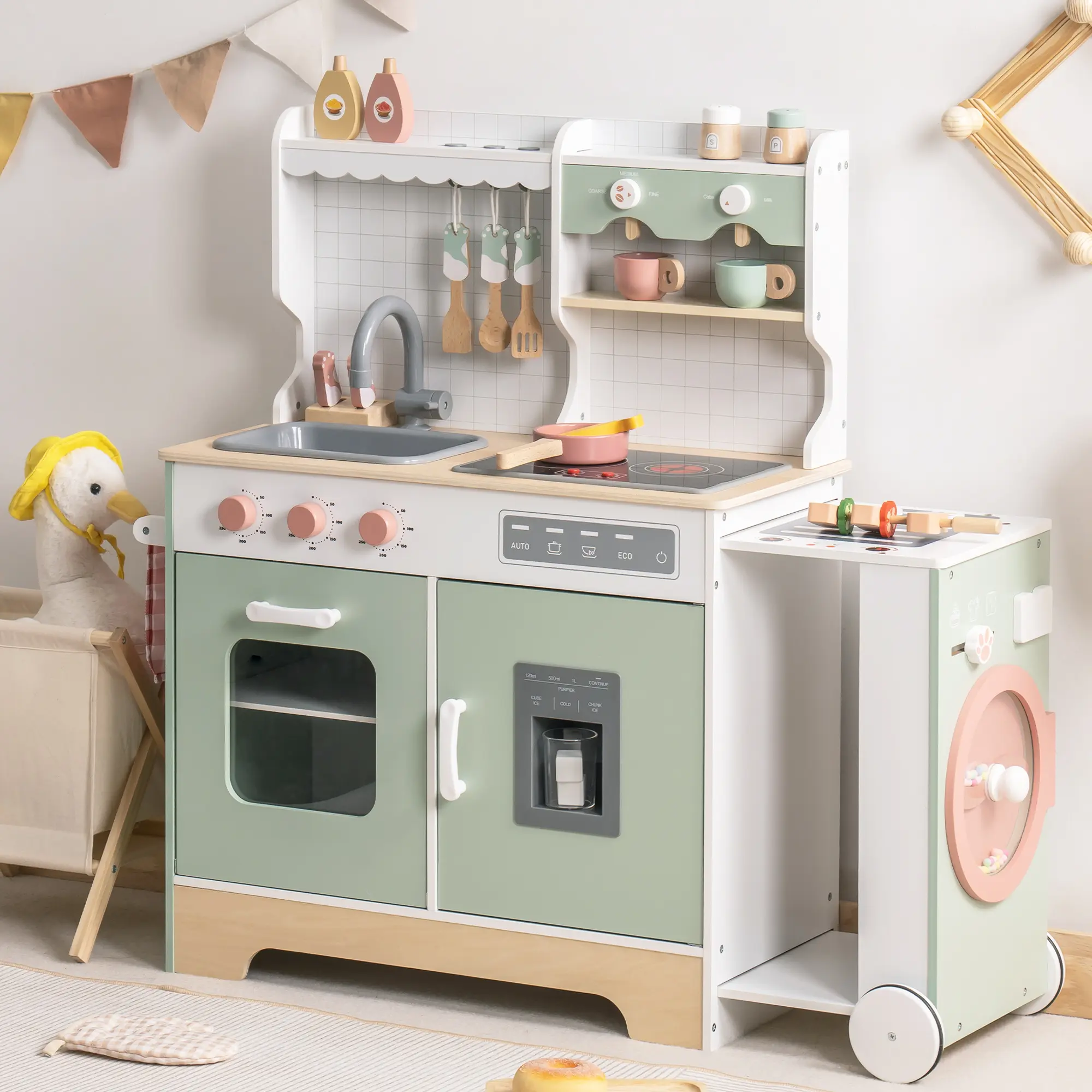 ROBUD Wooden Play Kitchen Set for Kids Toddlers, Pretend Kitchen Playset with BBQ Grill, Ice Maker, Coffee Machine, and Accessories, Toy Kitchen Gift with Lights & Sounds for Girls & Boys