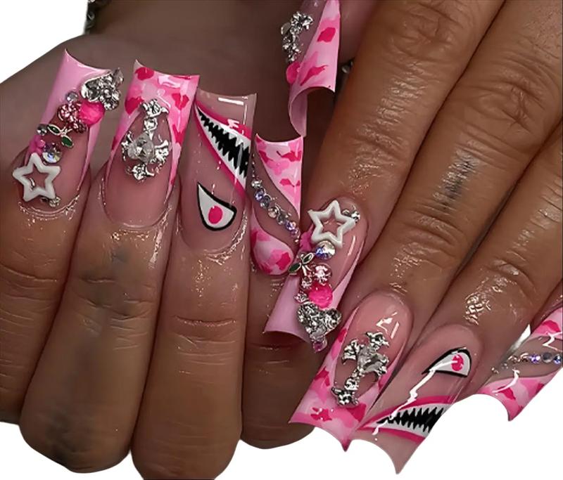 24 pcs Press on Nails - Long Square Glue on Nails with Hot Pink, Acrylic Bling Glitter Rhinestone Design