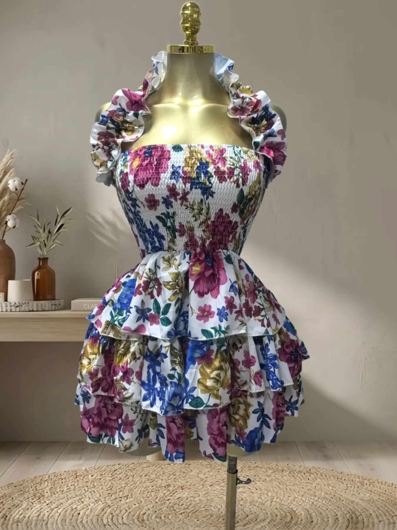 QFAF Women Chic Feminine Boho Floral Print Halter Backless Mini Dress, Cascading Ruffles Ball Gown, 2026 Sweet Sexy Dress for Birthday Club Cocktail Party Evening Wedding Guest Dating Vacation Holiday Casual Street Daily Outdoor Wear