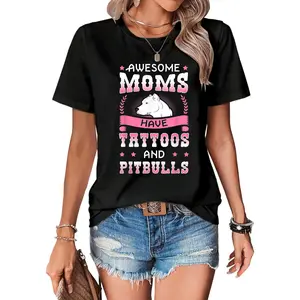 100% Cotton Awesome Moms Have Tattoos And Pitbulls Pit Bull Terrier Funny Creative Graphic T-Shirt