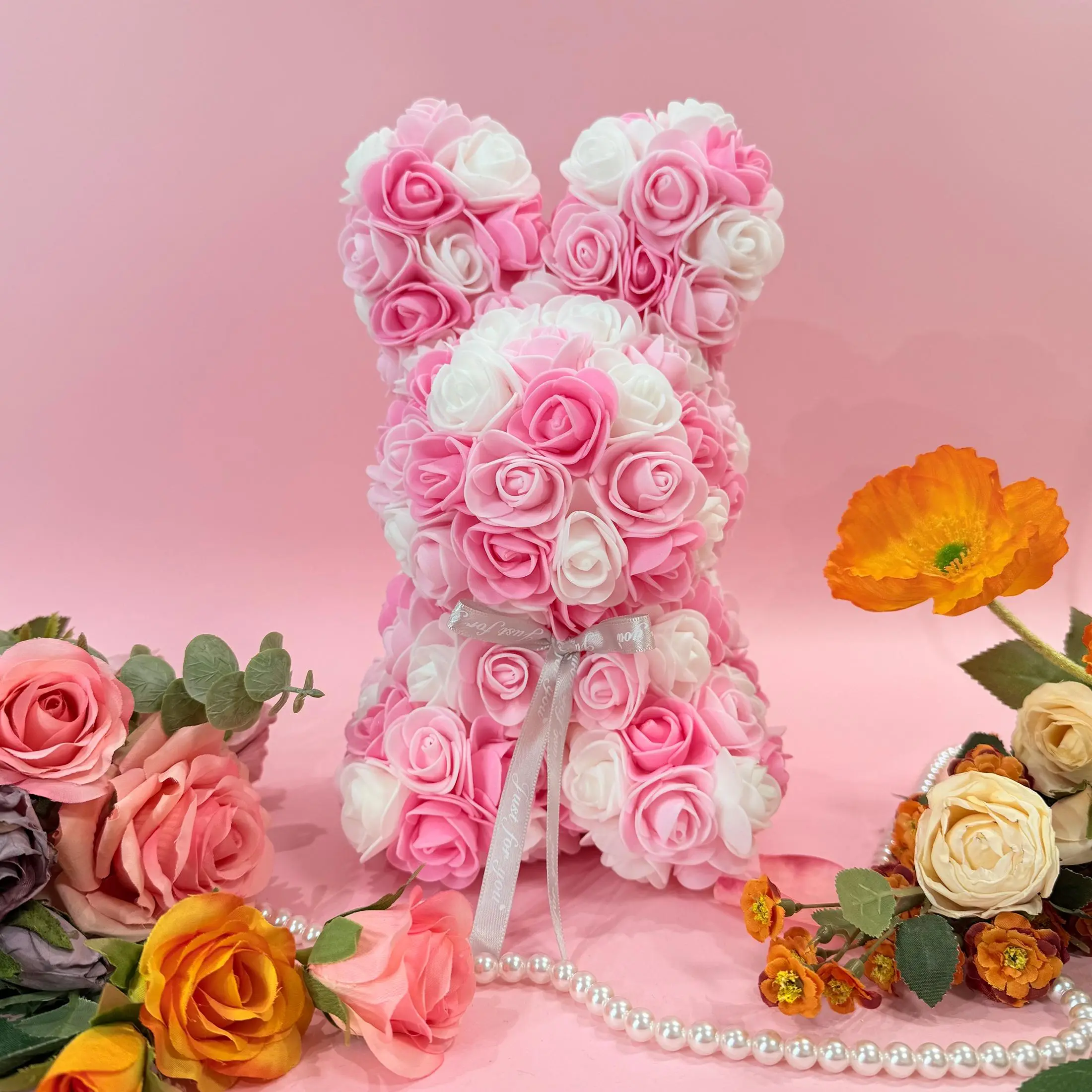 Cute Rabbit Design Artificial Rose Bear Gift Box, Faux Roses, Plastic Faux Flowers, 1 Count Creative Simulated Eternal Flower, Romantic Gift for Women, Party Decoration Supplies, Fruit