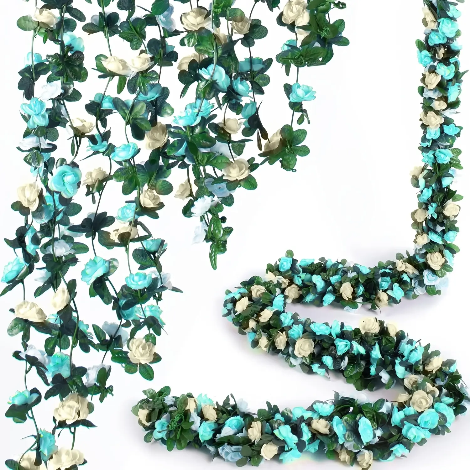 8Pcs Teal White Rose Garland, Fake Flower Vines, Artificial Vine Flowers, Rose Hanging Garland for Party Wedding, Garden, Room Table, Valentine, Backdrop Wall Arch Decor