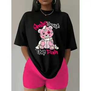 [100% Cotton] Bear Print Crew Neck T-Shirt, Casual Short Sleeve Top for Spring & Summer, Women's Clothing  Golf Gift T-Shirt For Men and Women
