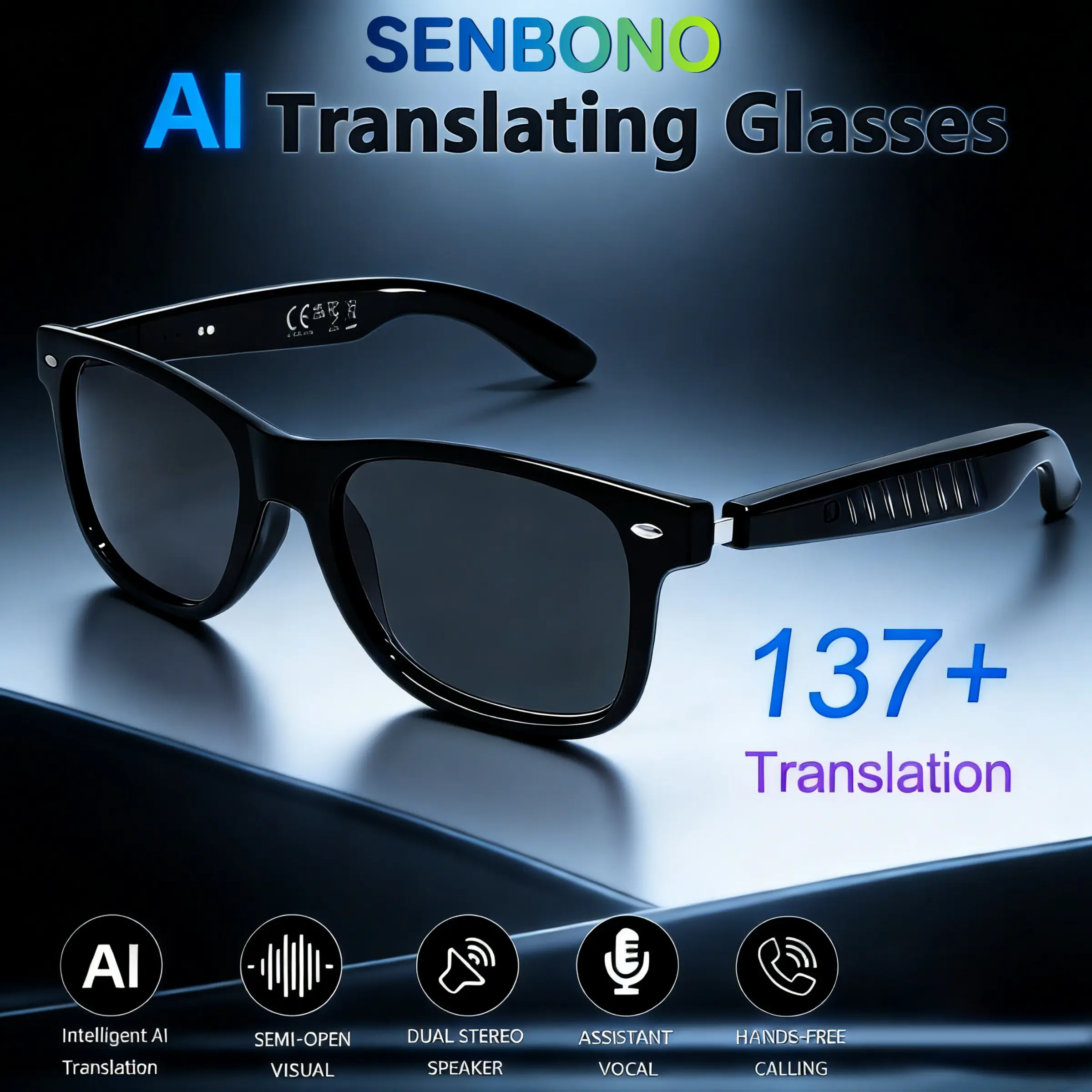 Language translation glasses, supporting 137 language translations, lightweight and easy to carry, headphones for listening to music when going out, camera control, outdoor sunglasses, long battery life, recording, translation, male and female gifts