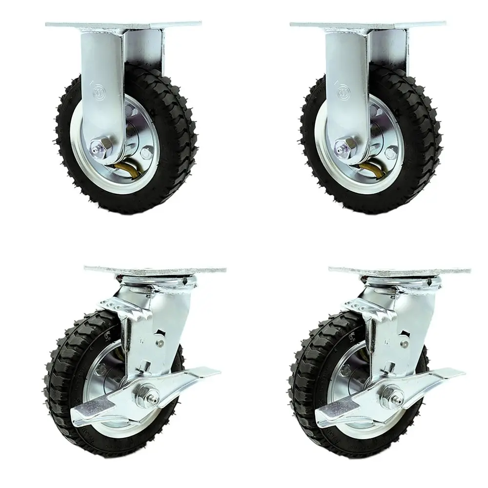 Service Caster SCC-100S150-PNB-TLB-2-R150-2 6" Diameter Swivel Pneumatic Rubber Caster Set of 4 (Black, Universal Design), 2 with Swivel/Top Locking Brakes, 1000 lbs Capacity, Noise Reduction, 7.5" H x 12" W x 12" L, OEM & Replacement Part for Food Carts,