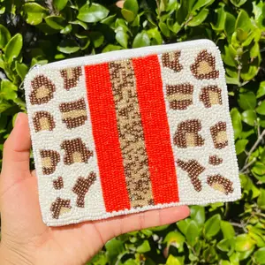 Leopard Red Stripe Beaded Coin Purse