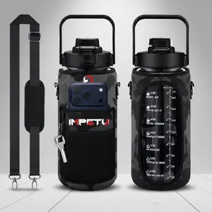 IMPETU 2L Sport Water Bottle with Sleeve - Hydration Time Markers + Pockets - Leak-Proof - Camouflage Design & Adjustable Strap