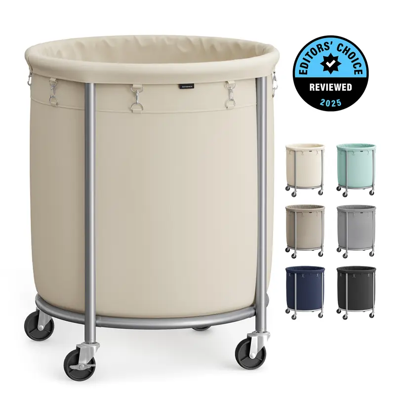 SONGMICS HOME Laundry Basket with Wheels, Rolling Laundry Hamper, Round Laundry Cart with Steel Frame and Removable Bag, Organiser