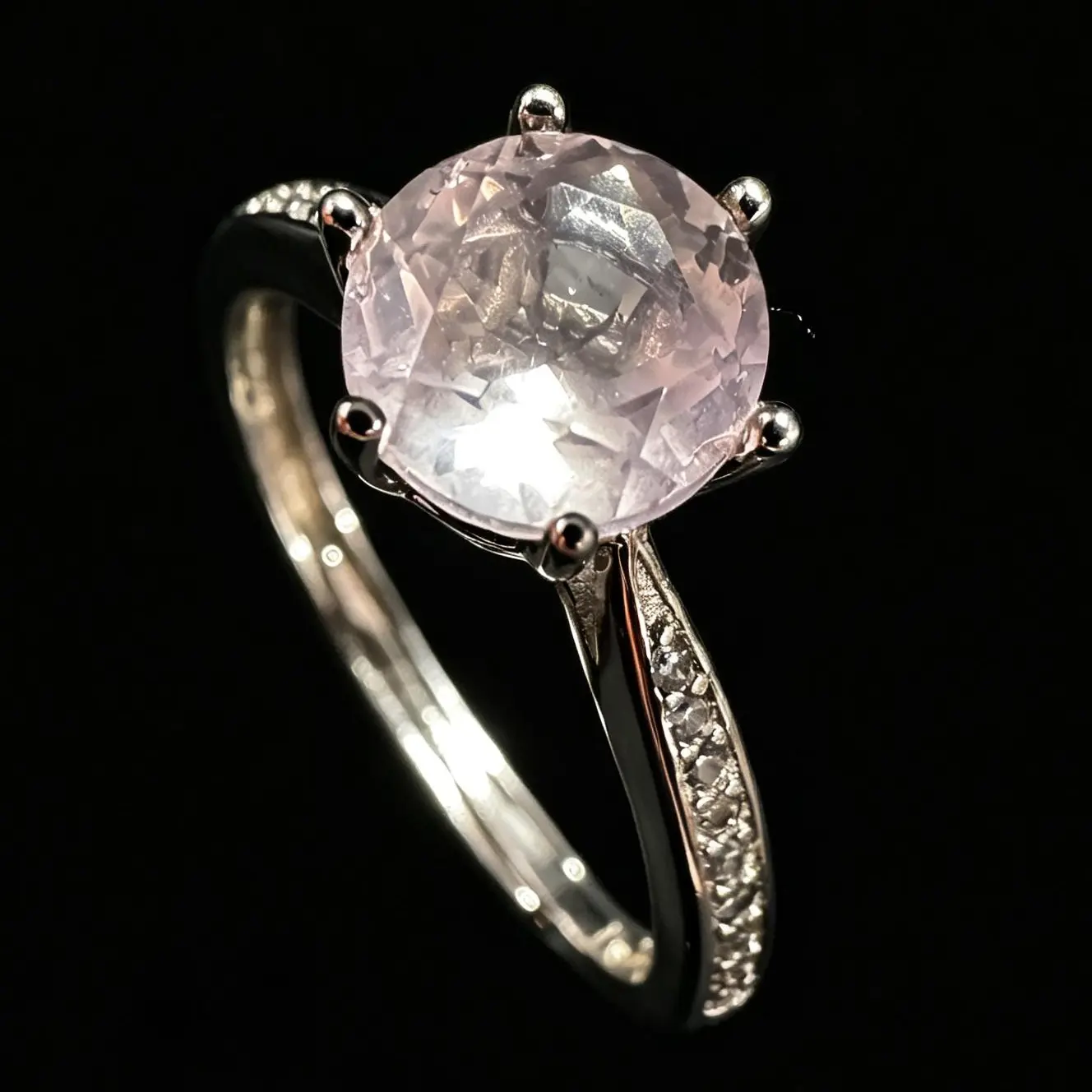 6 Prong Round Natural Rose Quartz 925 Sterling Silver Pave CZ Adjustable Engagement Ring