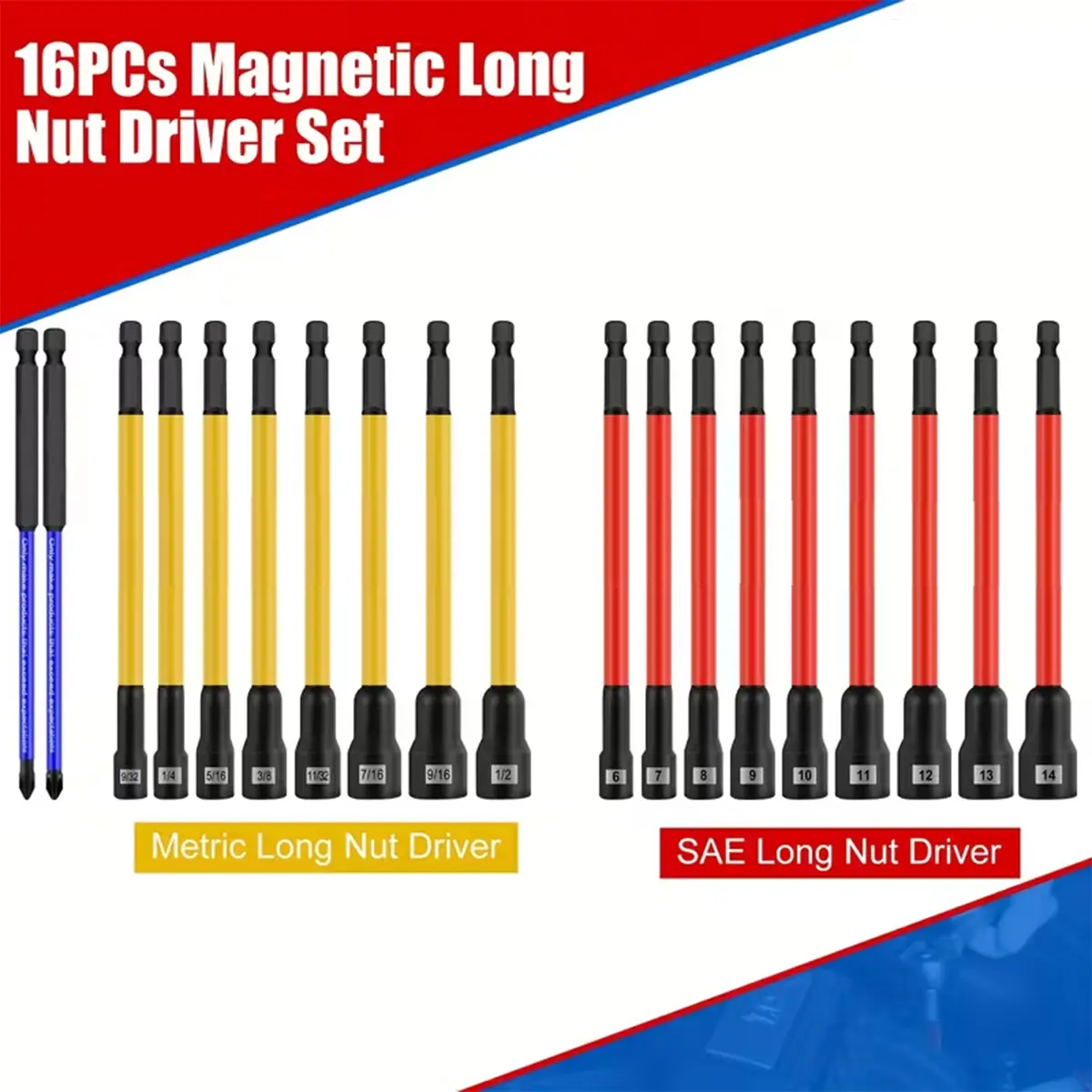 19pcs Magnetic Nut Driver Set - SAE And Metric NutDriver Set, Including PH1 And PH2 For Impact Drills - NutMagnetic Socket Set With Sturdy Tool Case ForProfessional And DIY Projects, tool kit set, screwdriverset, tools and gadgets