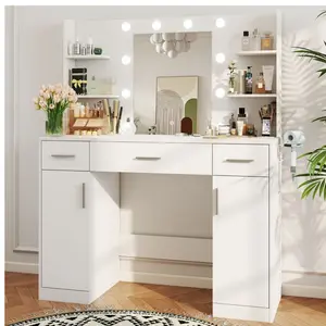 Vanity Desk with Mirror, Makeup Vanity Table with 3 Color Light Options Adjustable Brightness for Bedroom Dressing Room, White