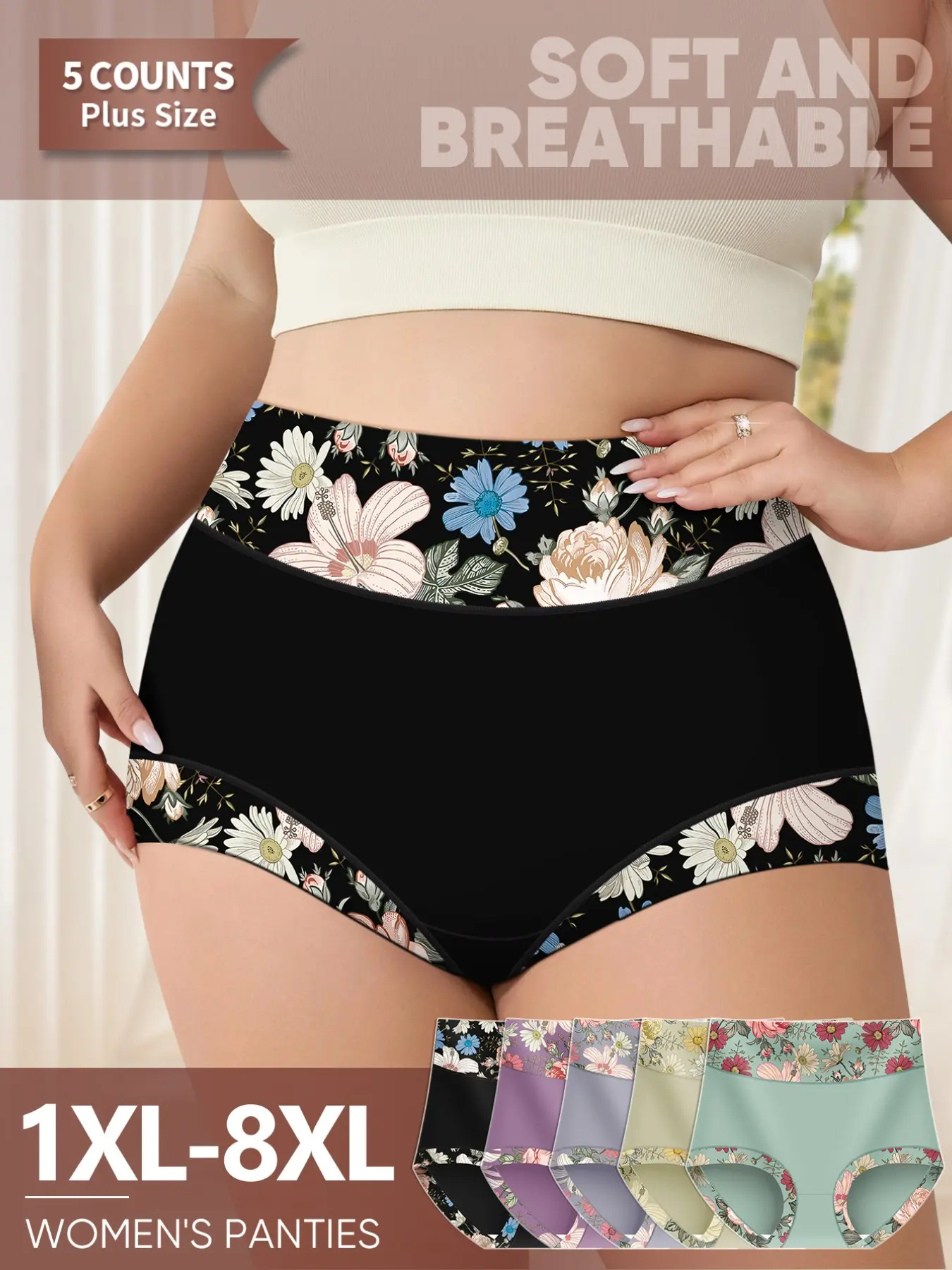 Morelect Ditsy Floral Print Women's Underwear, Lingerie, Casual Soft Panties, Soft Fit Panty, Breathable Knickers, 5-Pack, 1xl-8xl, High Waist, Comfortable, Breathable, Soft, Non-Sweaty, Multi-Color Triangle Pants