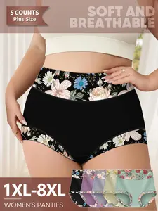 5 Pack Plus Size Ditsy Floral Women’s Underwear 1xl-8xl, High Waist Briefs Comfortable Breathable Panties Design, Soft Stretchy Cotton for All Seasons