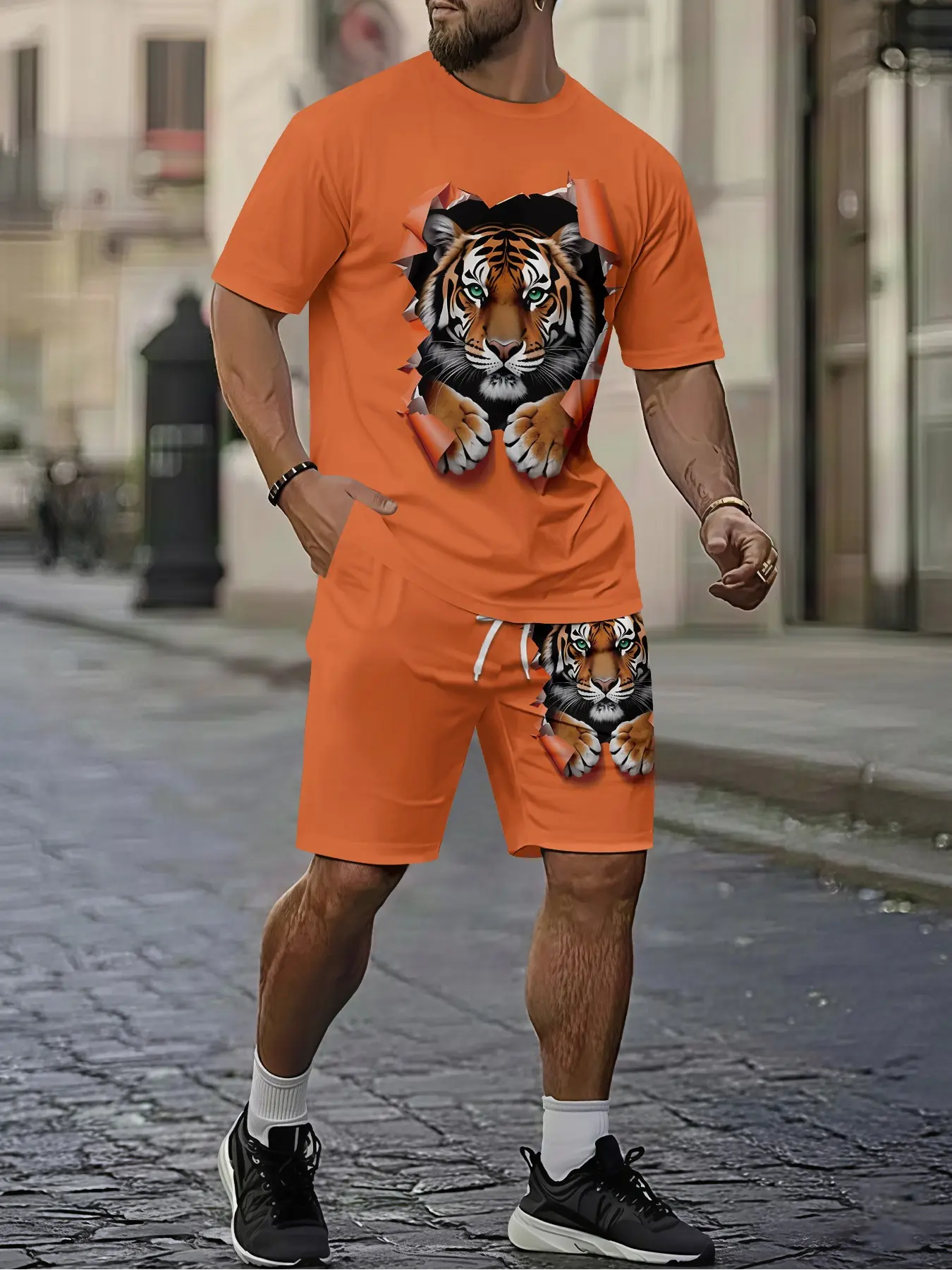 Men's Casual 3D Digital Print Two-Piece Set, Tiger Print, Retro Style, Breathable Sporty Look, All-Season Wear Clothes