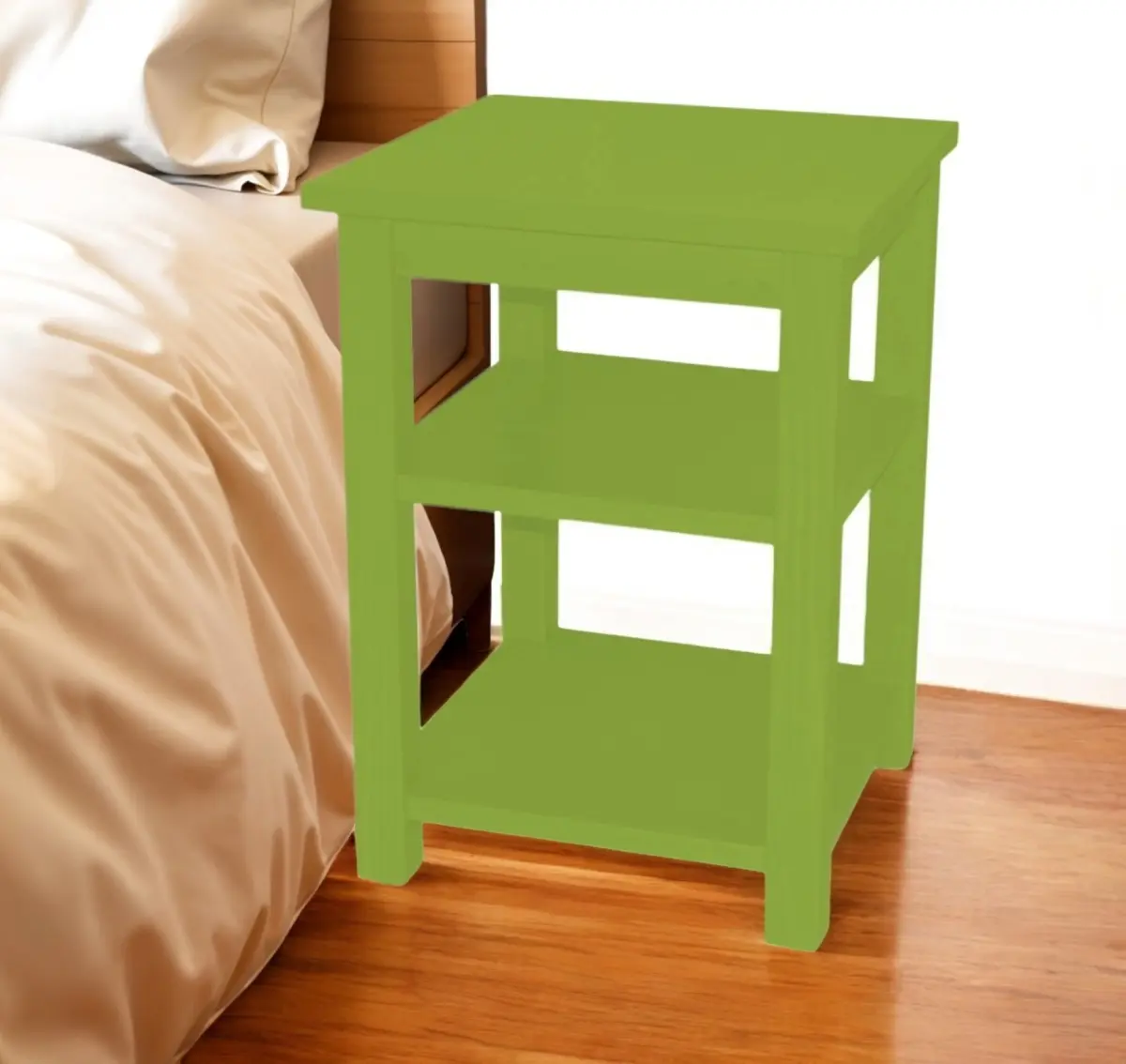 212 MAIN 28 in. Green Solid Wood Storage Nightstand - Square, Natural Grain, Open Shelf, Standard Size, Sturdy Legs, Stylish Wood Bedside Table (Model 548322)