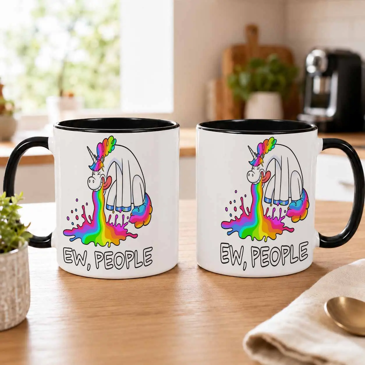 Funny Rainbow Unicorn Vomit Coffee Mug (11oz/15oz)  Ew People Sarcastic Quote Printed Design  Durable Ceramic Dishwasher Safe Drinkware  Ideal For Office Desks  Daily Coffee Breaks  Humorous Birthday Gift Exchange  Home Morning Beverages.