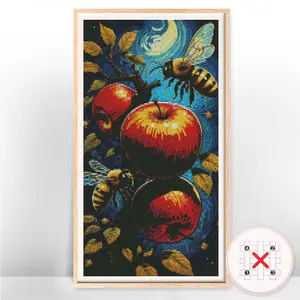 Apple & Bee Pattern DIY Cross Stitch Kit without Frame, DIY Cross Stitch Art Craft for Beginners, Home Wall Decoration