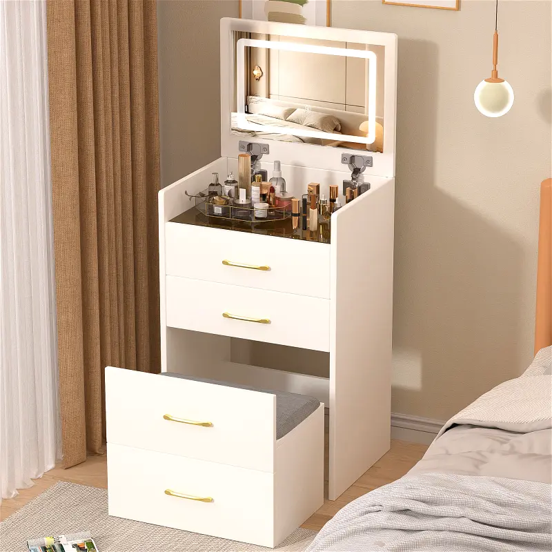 3-in-1 Vanity Desk for Bedroom with Flip Top Lighted Mirror, Compact Makeup Vanity and Pull Out Cushioned Set with 3 Drawers, Small Makeup Vanity Table with Visible Glass Desktop, White