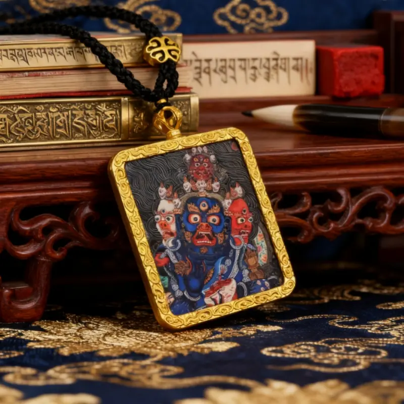 Mahakala Thangka Pendant Xizang Hand-Painted Amulet for Attracting Prosperity and Luck Traditional Tibetan Artwork