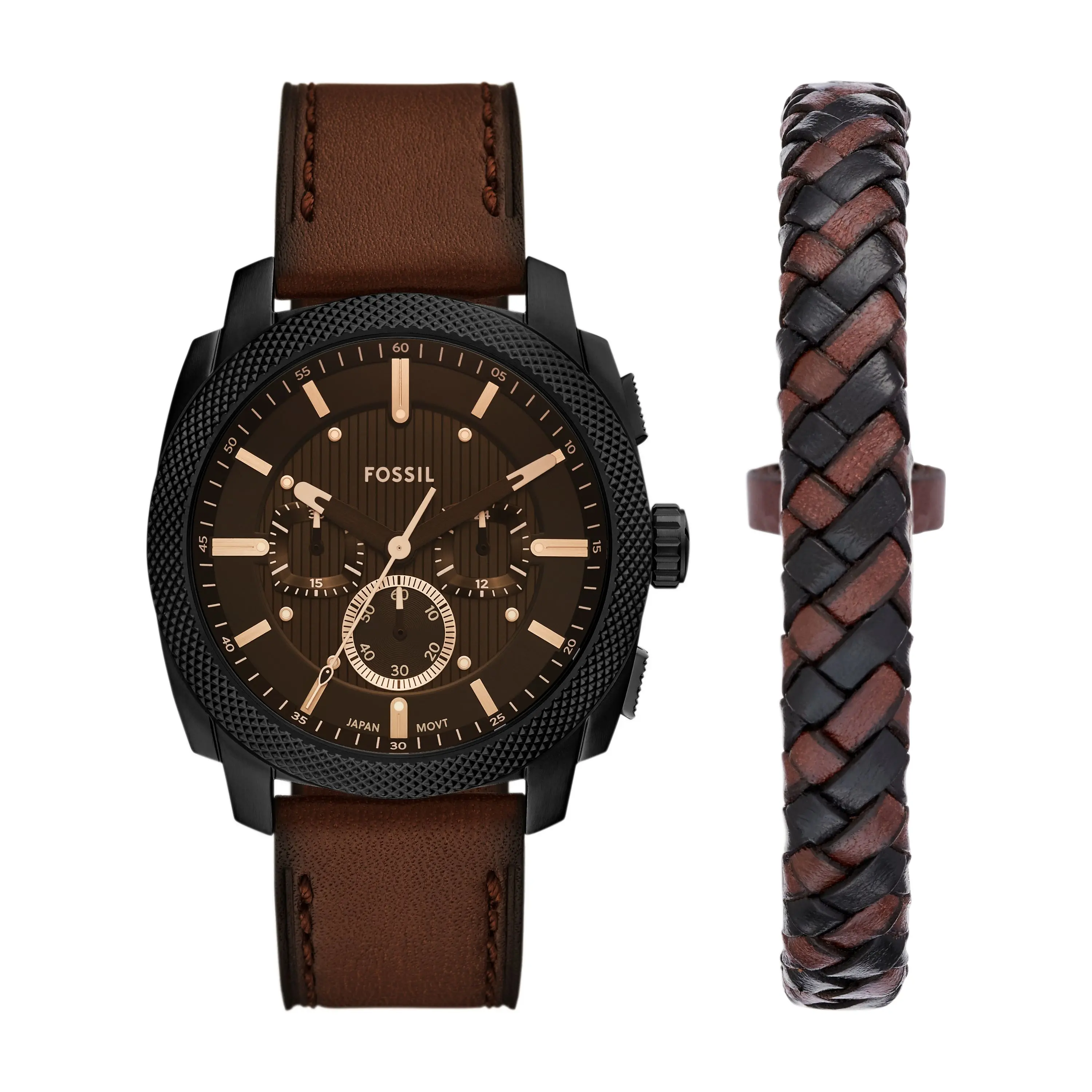 Fossil Men's Machine 44mm Chronograph, Black Stainless Steel Watch and Bracelet Set