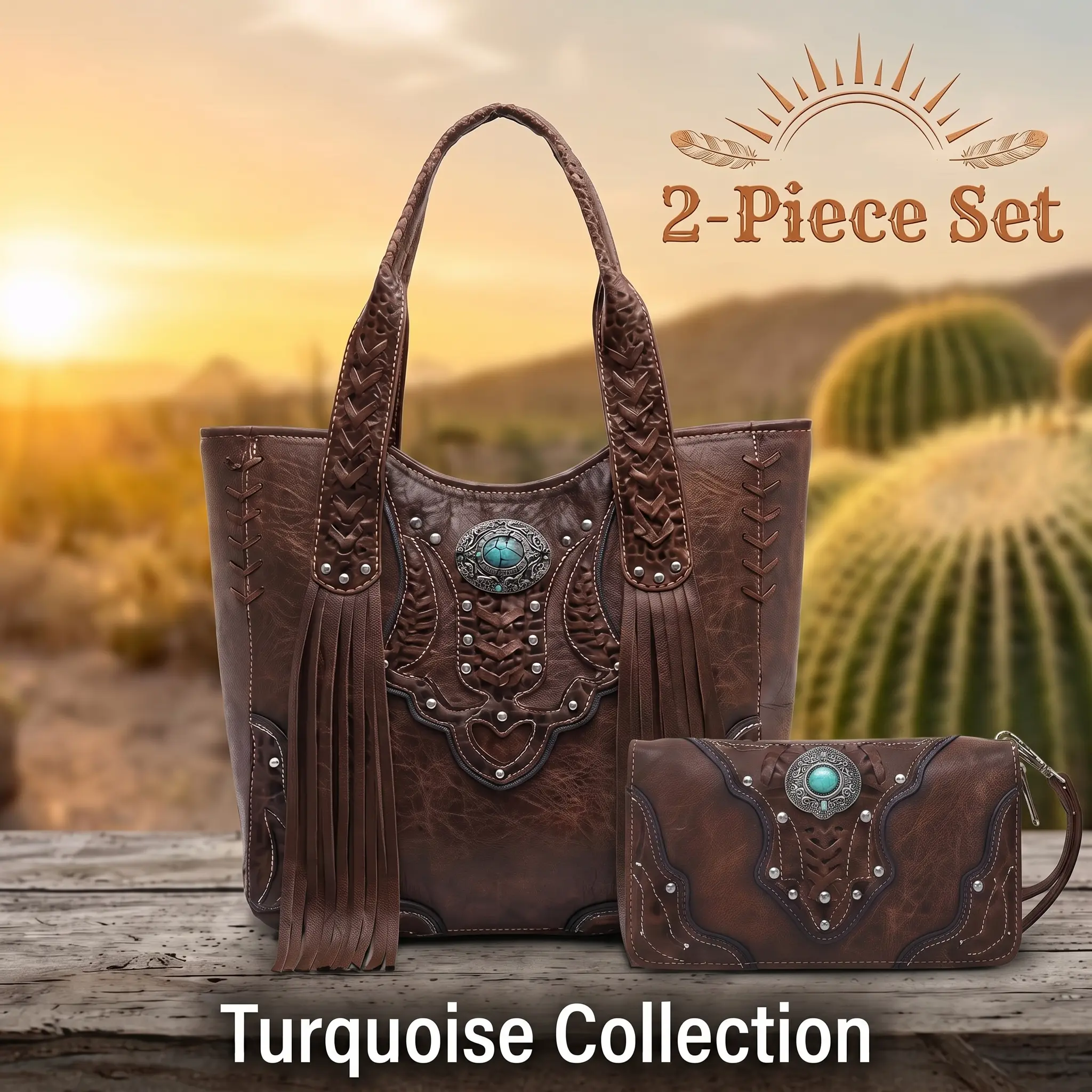 WESTERN SPIRIT Western Origin Women's Boho Turquoise-Studded 2-Piece Fringe Tote and Wristlet Combo, Stylish Casual Everyday Purse, Tooled Patterned Fashion Handbags for Daily Wear all-match commuter bag