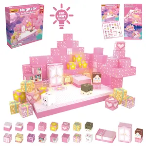 My Magnetic World Pink House Building Blocks Set, 100-piece/200-piece pack, Cozy Little Home Series, STEM Montessori Sensory Toy, some blocks light up, children's DIY building toy, educational gift for birthday parties, Valentine's Day gift.