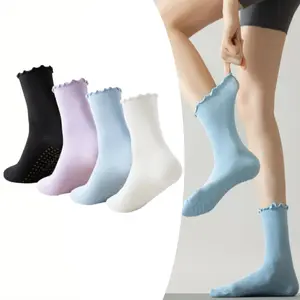4 Pairs Women’s Yoga Socks with Non-Slip Grips,Soft Ruffled Edge Design, Breathable Sweat-Absorbent, Perfect for Pilates, Fitness Casual Wear