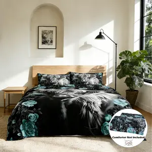 3-Piece Highland Cow & Rose Theme Printed Duvet Cover Set - Soft and Comfortable Bedding for Bedroom and Guest Room. Includes 1 Duvet Cover and 2 Pillowcases (No Comforter Insert), Suitable for Bedroom, Guest Room, Hotel and Student Dormitory.