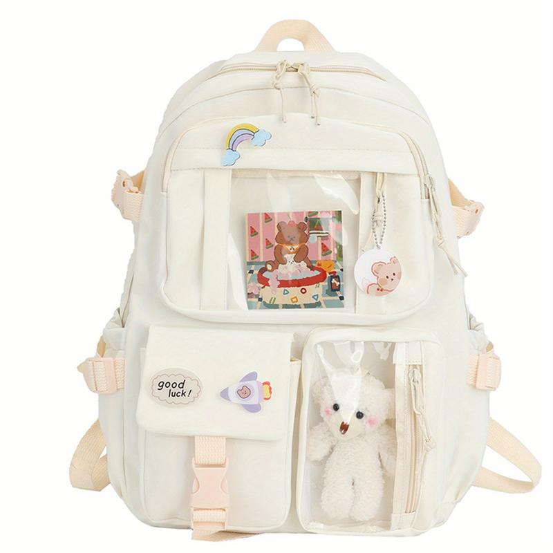 Kawaii backpack with pinned accessories plush pendant, cute aesthetic school backpack, women's large capacity laptop backpack