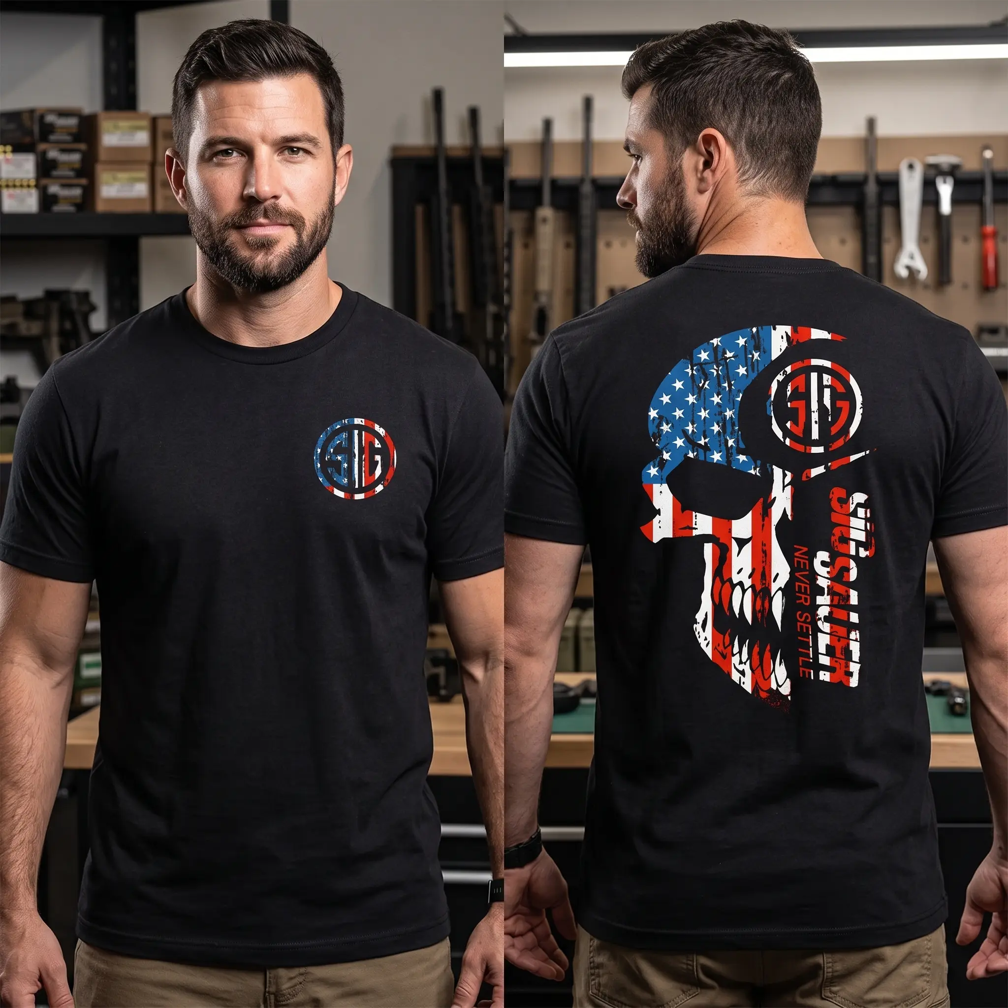 American Flag 2 Sided T-Shirt, Unisex Short Sleeve Casual 100% Cotton, Top Menswear, Tactical Gear, Gun Lover Shortsleeve