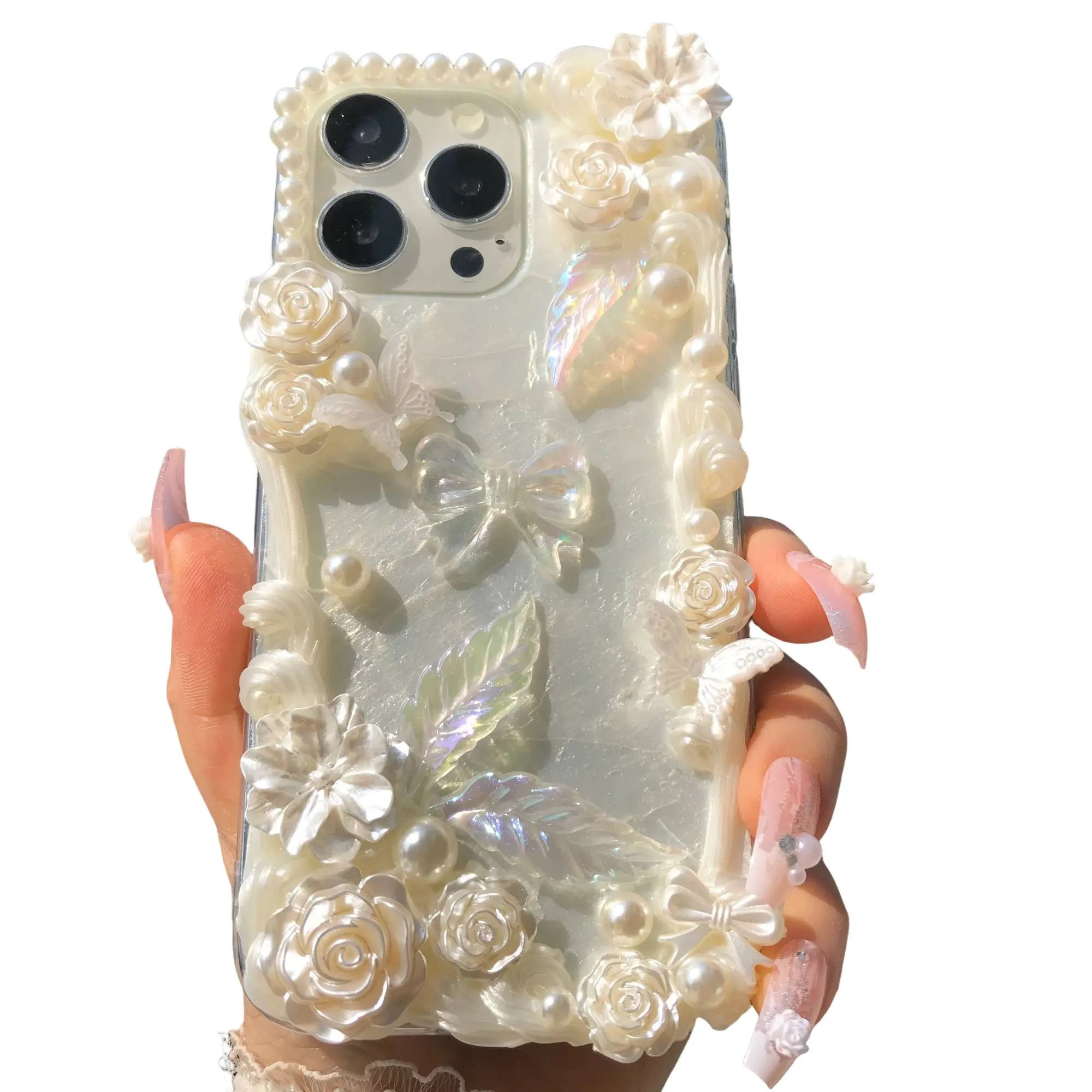 Handmade Phone Case Elegant Style Feather Flower Butterfly Pearl Soft Tpu Dustproof iPhone 17 16 15 14 13 12 11 Pro Max Casing